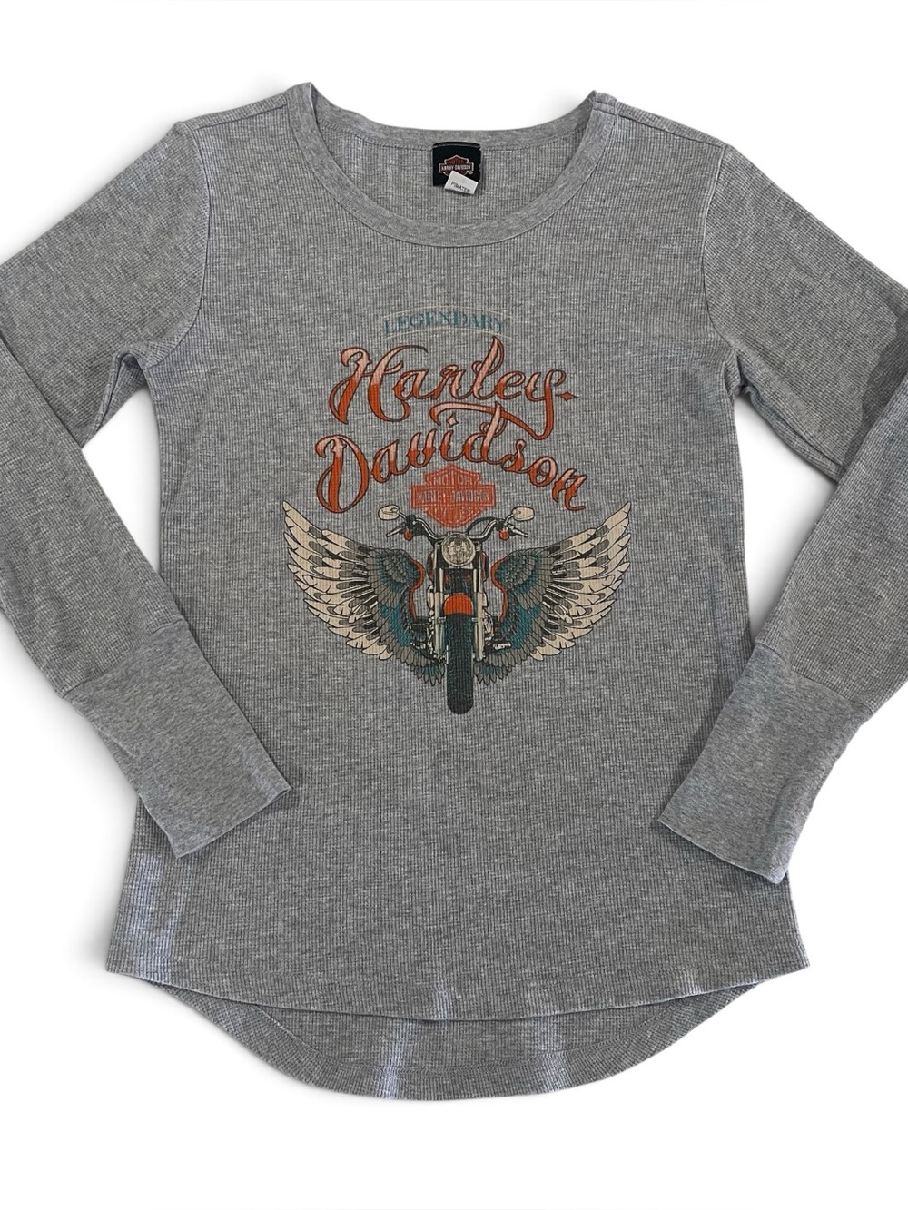 Harley-Davidson Gray Long-Sleeve Girls' Graphic Thermal Top with Orange Accents